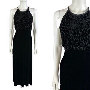 Vtg 90s Whimsygoth Black Velvet Burn Out Leopard Print Halter Dress Size 12